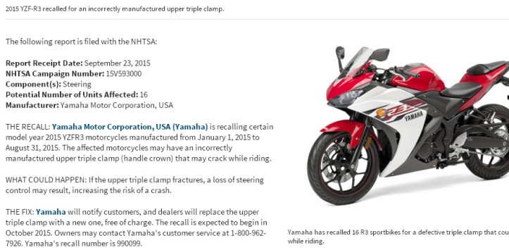 YZF R3 Recall